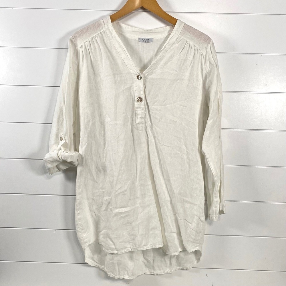 Rosemarine Womens 100% Linen Roll Tab Sleeve Tunic S White Made in Italy Beach